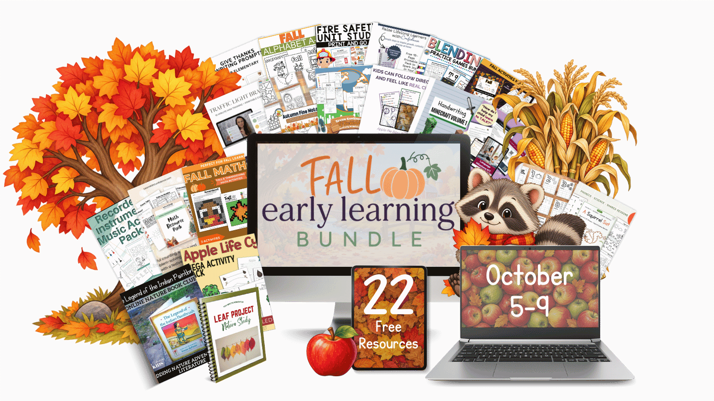 A monitor, tablet, and laptop showing the 22 free resources inside the Fall Early Learning Bundle
